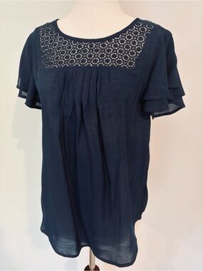 Liz Claiborne Navy Lace Yoke Flutter Sleeve Blouse